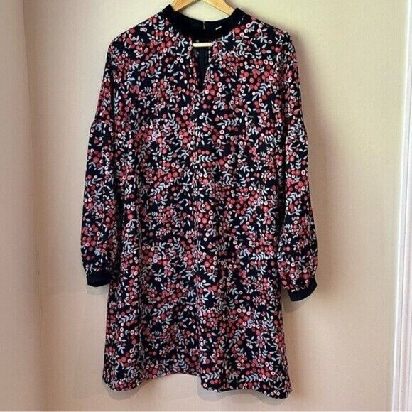 Loft Floral Berry Women’s Dress Size M Velvet Trim Keyhole Cut Out Long Sleeve - Picture 2 of 9